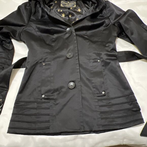 Guess Jacket Trench Coat Removable Faux Fur Trim Hood Womens M Black Gold Lined - Picture 9 of 15